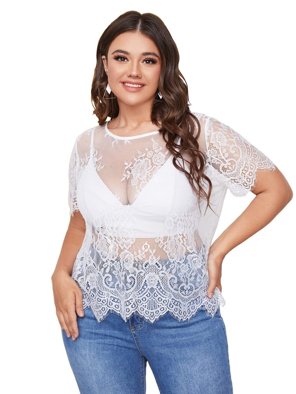 4856 Plus Size Sheer Mesh Lace Top Sexy Scallop Trim Blouse White 2XL